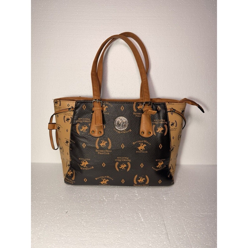 Beverly Hills Polo Club Monogram Shoulder Tote Bag Purse Brown Tan Zip Top